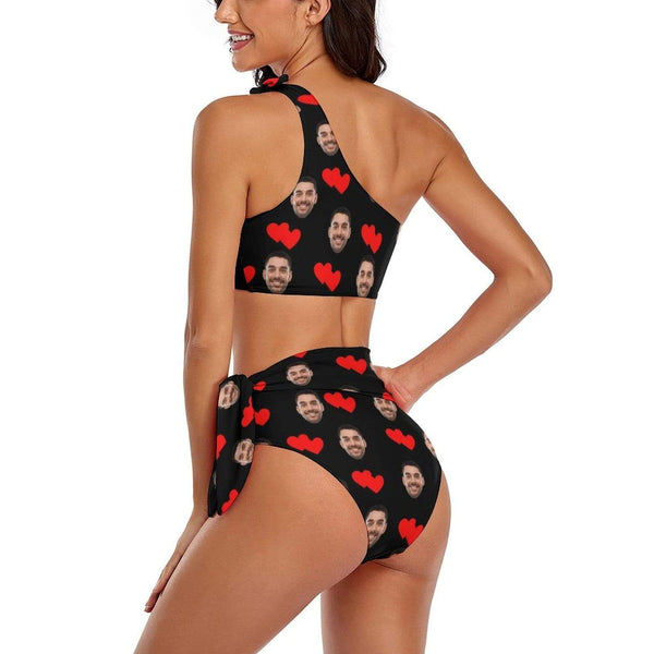Custom Face Double Red Love Personalized Bikini Swimsuit One Shoulder Tie Crop Top & High-Waisted Bikini Honeymoons For Her