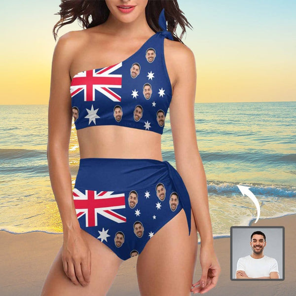 Custom Face Australian Flag Bikini Set Personalized Women's High Waisted Swimsuit One Shoulder Bathing Suit