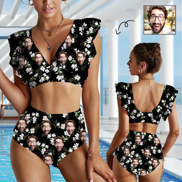 Custom Face Women Ruffle High Waisted Flounce Black and White Flower Bikini Set Two Pieces Swimsuit Swimwear