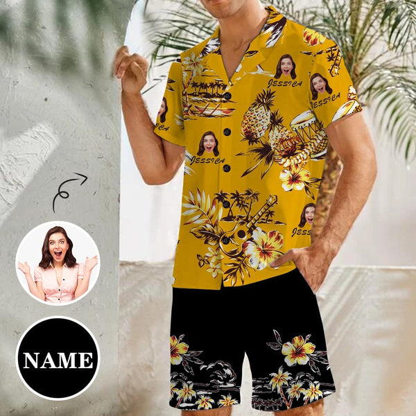 Custom Photo&Name Summer Pineapple Hawaiian Set Holiday Hawaiian Shirt & Shorts Set Put Your Face on Personalized Set