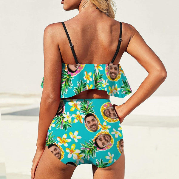 Custom Face Bikini Green Pineapple Personalized Swimsuit Small Flowers Ruffle Bathing Suits