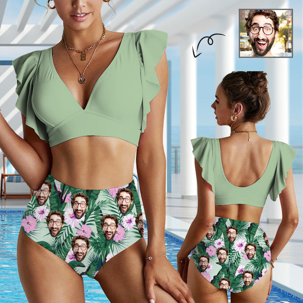 Custom Face Women Ruffle High Waisted Flounce Green Bikini Set Two Pieces Swimsuit Swimwear