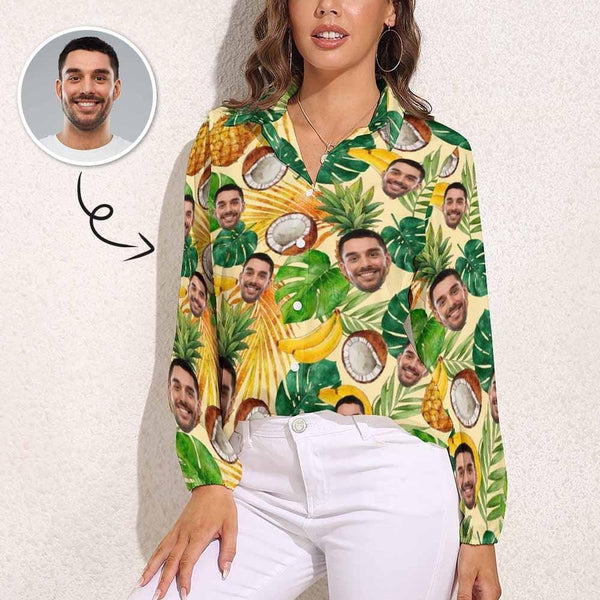 Custom Face Tropical Fruit Vntage Casual Long Sleeve Hawaiian Shirts
