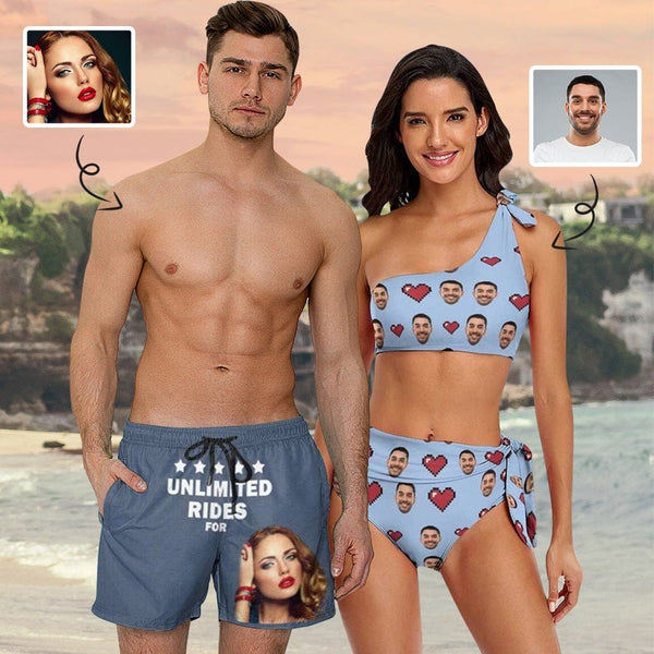 Custom Face Couple Swimsuit Couple Matching Women's One Shoulder Tie Bikini Men's Swim Shorts
