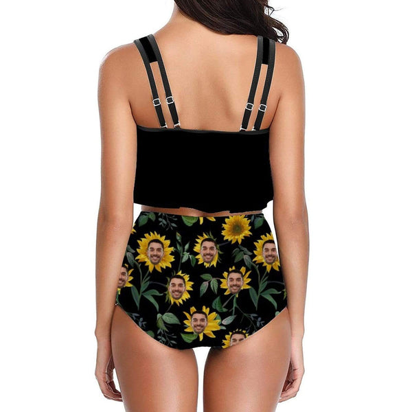 Personalized Tankinis Face Yellow Sunflowers Bikini Swimsuit Women's High Waisted Swimsuit Ruffled Top Bathing Suits