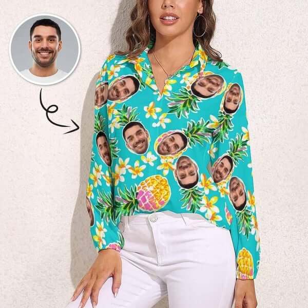 Custom Face Pineapple Vntage Casual Long Sleeve Hawaiian Shirts