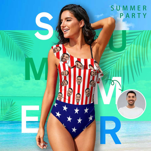 #Independence Day-Custom Face Flag Swimsuit Personalized Women's Shoulder Ruffle One Piece Bathing Suit Celebrate Holiday Gift