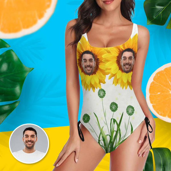 Custom Face Sunflower Swimsuits Personalized Women's New Drawstring Side One Piece Bathing Suit Honeymoon Party For Her