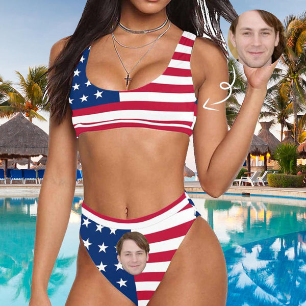 Custom Face American Flag Bikini Personalized Sport Top&High-Waisted Swimsuit Celebrate Holiday Party