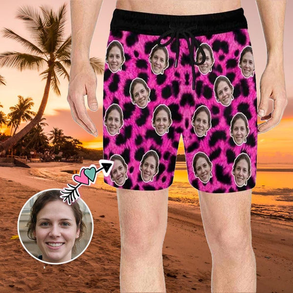 Custom Face Pink Leopard Men's Quick Dry Swim Shorts, Personalized Funny Swim Trunks