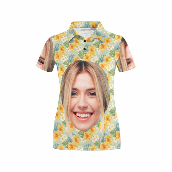 Custom Face Small Yellow Flowers Polo Shirt For Women, Personalized Photo Shirt, Customized Women's All Over Print Polo Shirt