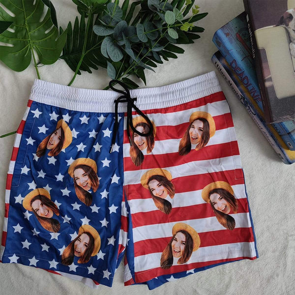 [Special Offer] Custom Face Stars Stripes Men's Quick Dry Swim Shorts, Personalized Funny Swim Trunks