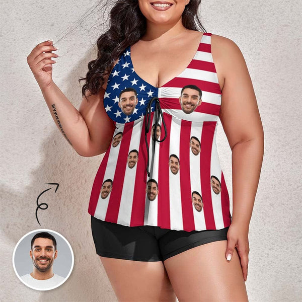 #Plus Size Custom Face American Flag Swimsuit Personalized Tankini Bathing Suit For Women 2 Piece Swimsuit