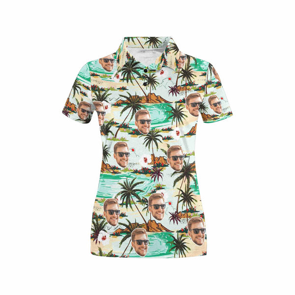 Custom Face Coconut Tree Hawaiian Polo Shirt For Women, Personalized Photo Shirt, Customized Women's All Over Print Polo Shirt