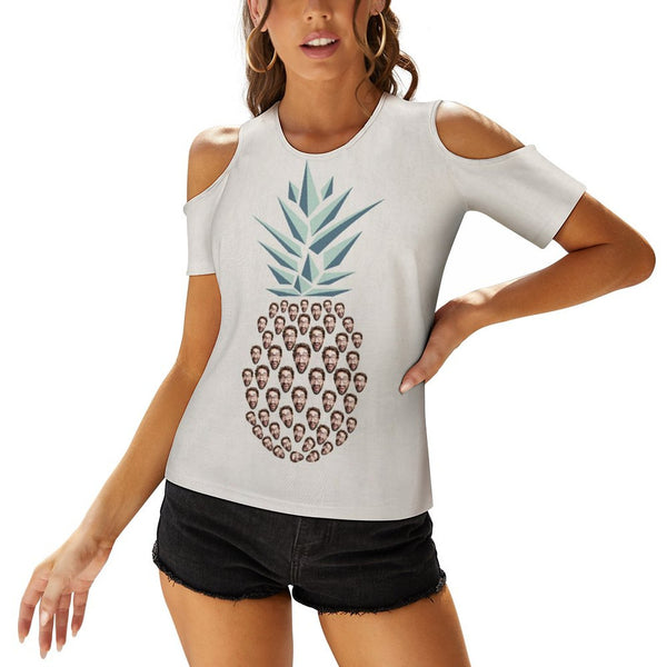 Custom Face Pineapple Women's T-Shirt Personalized Off-Shoulder U-Neck Short-Sleeved Top