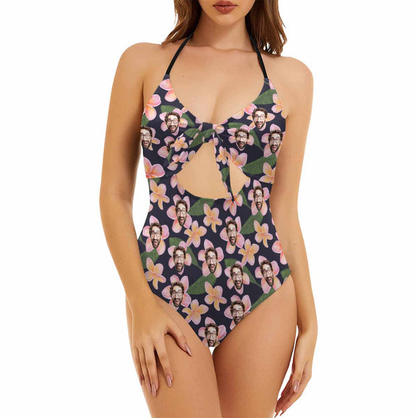 Custom Face In Flowers Bow Swimsuit Personalized Women's Backless Bow One Piece Bathing Suit
