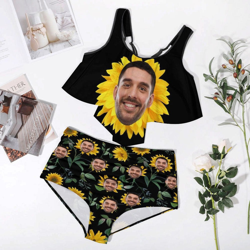 Ruffle Tankini-Custom Face Sunflowers Plus Size Swimsuit Ruffle High Waisted Bikini Personalized Tankini Women's Two Piece Summer Swimsuit Cover Your Tummy