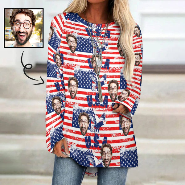 Custom Face USA Flag Women's T-Shirt Personalized BL Long Round Neck Long Sleeve T-Shirt