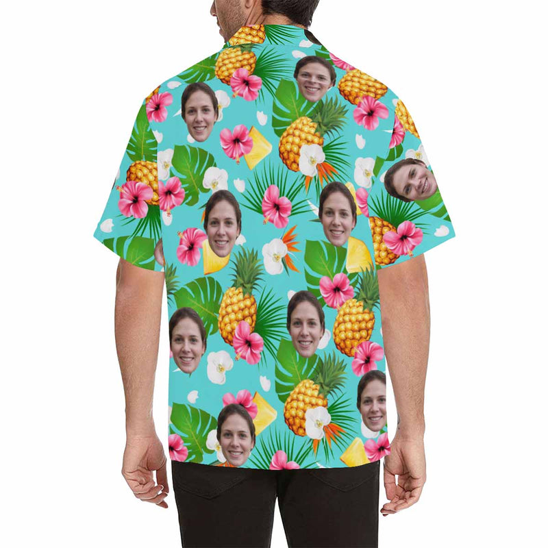 Custom Face Hawaiian Shirt Pineapple Flower for Boyfriend/Husband Personalized Photo Tropical Aloha Shirt Birthday Vacation Party Gift