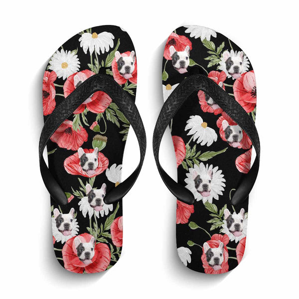 Custom Dog Face And Flower Sandals Personalized Pet Face Flip Flops
