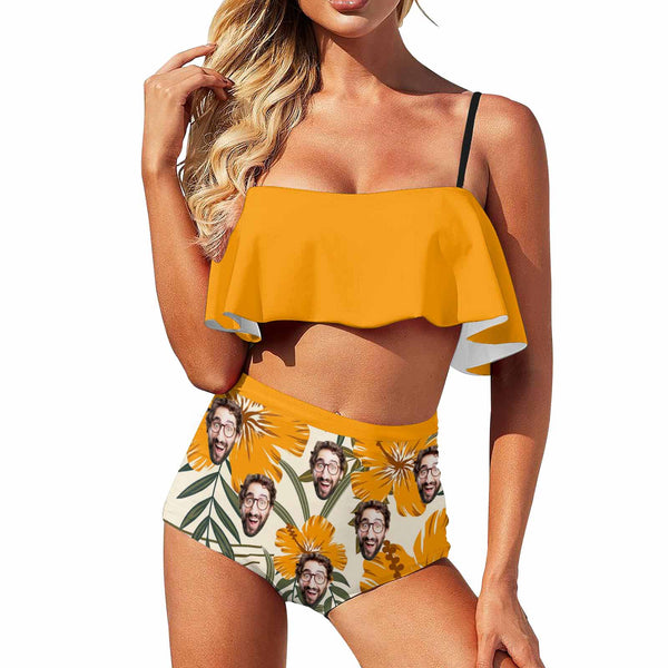 Custom Seamless Yellow Face Bikini Personalized Women Ruffle Bathing Suits Gift