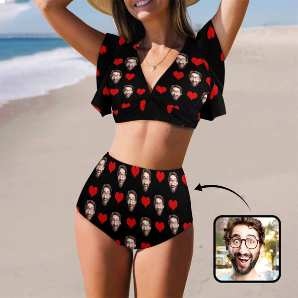 Custom Face Bikini Personalized Red Heart Women's Ruffle Sleeve Bikini Swimsuit