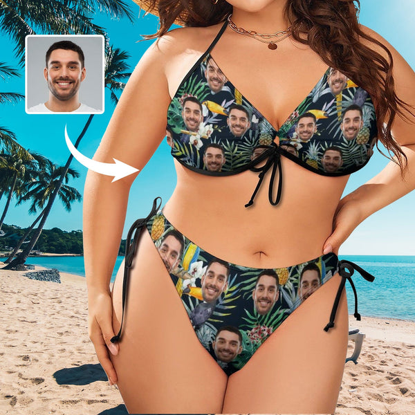 #Plus Size Swimwear-Custom Husband/Boyfriend Face Hawaiian Style Sexy Plus Size Bikini Two-piece Swimsuit