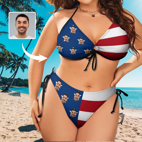 #Plus Size Swimwear-Custom Face American Flag Sexy Plus Size Bikini Two-piece Swimsuit