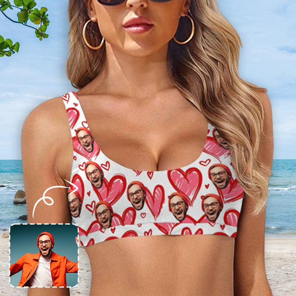 Sport Top-Custom Boyfriend Face Personalized Pink Sweet Heart Bikini Swimsuit Top