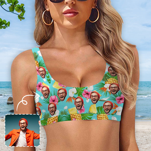 Sport Top-Custom Boyfriend Face Personalized Flower And Pineapple Bikini Swimsuit Top