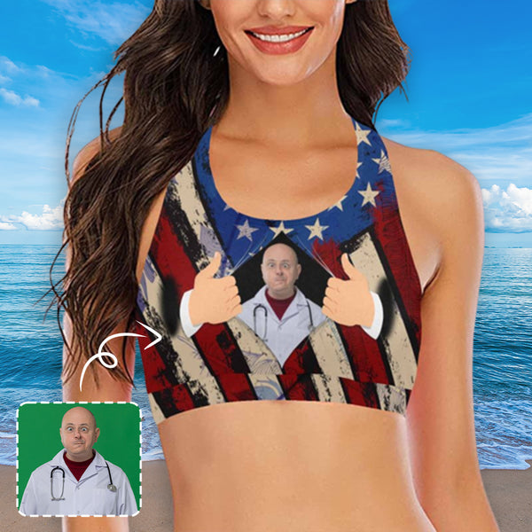 Crewneck Tank Bikini Top - Custom Face Flag Women's Beach Crop High-Neck Bikini Top