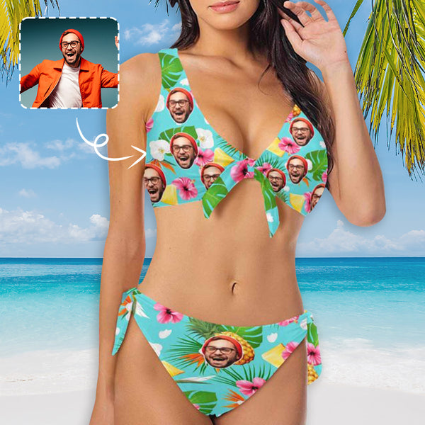 Custom Face Pineapple Sky Blue Bikini Personalized Women's Chest Strap Bikini Swimsuit
