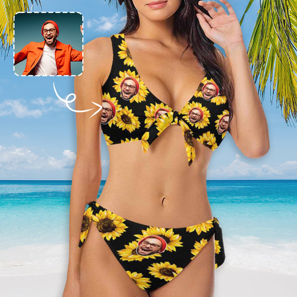 Custom Face Sunflower Black Bikini Personalized Women's Chest Strap Bikini Swimsuit