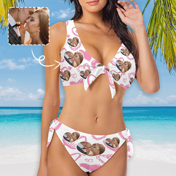 Custom Face Photo Heart Bikini Personalized Women's Chest Strap Bikini Swimsuit