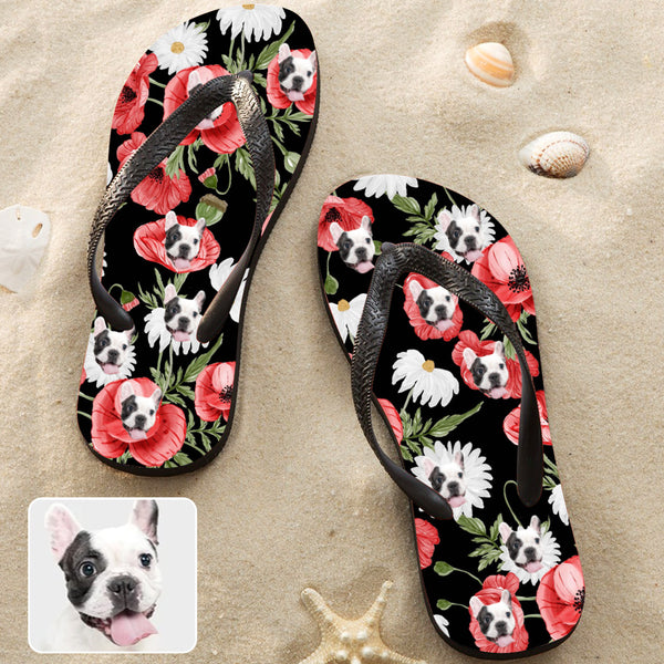 Custom Dog Face And Flower Sandals Personalized Pet Face Flip Flops