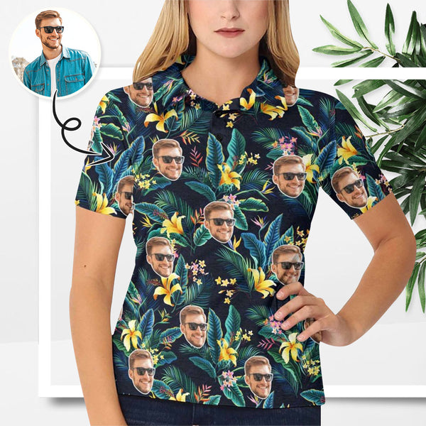Custom Face Yellow Flowers Green Polo Shirt For Women, Personalized Photo Shirt, Customized Women's All Over Print Polo Shirt