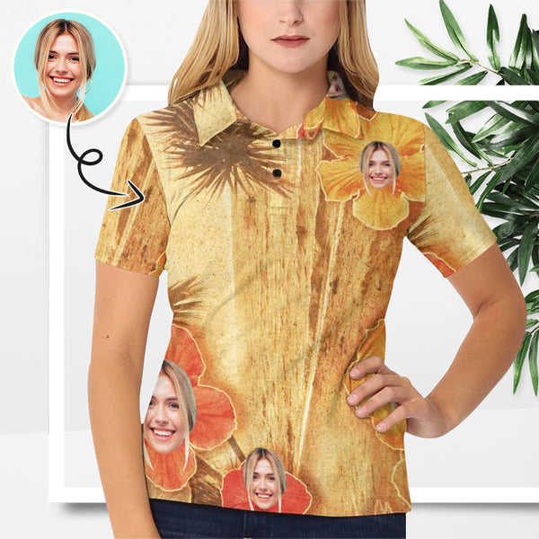 Custom Face Earthy Yellow Polo Shirt For Women, Personalized Photo Shirt, Customized Women's All Over Print Polo Shirt