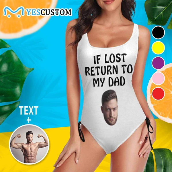 Custom Face&Text My Dad Swimsuits Personalized Women's New Drawstring Side One Piece Bathing Suit&Men's Beach Shorts Honeymoons Party