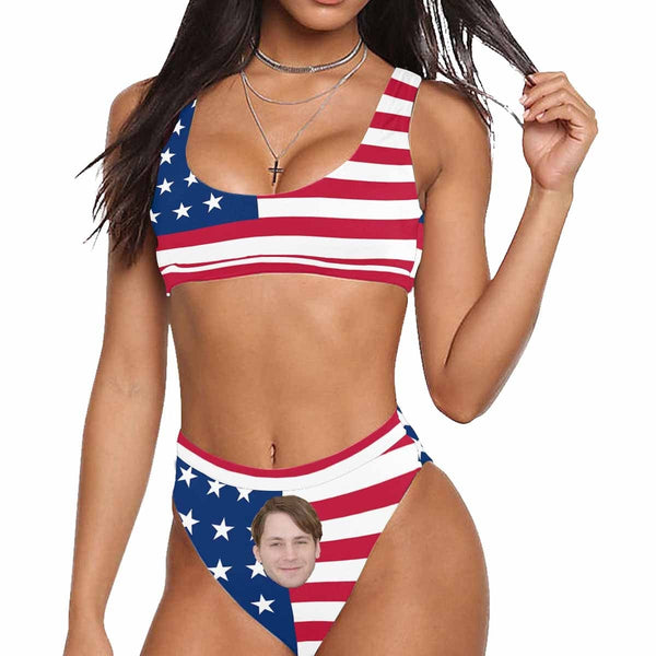 Custom Face American Flag Bikini Personalized Sport Top&High-Waisted Swimsuit Celebrate Holiday Party
