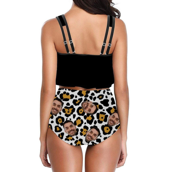 Custom Face White Leopard Personalized Women's High Waisted Swimsuit Bikini Ruffled Top Bathing Suits