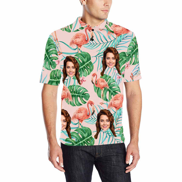Custom Face Flamingo&Green Leave Polo Shirt For Men, Personalized Photo Shirt, Customized Men's All Over Print Polo Shirt