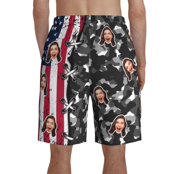 Custom Face American Flag Black Men's Quick-drying Beach Shorts