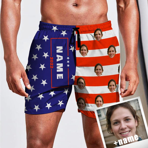 Custom Face Name American Flag Men's Quick-drying Swim Shorts Beach Shorts Personalized Photo Sports Shorts