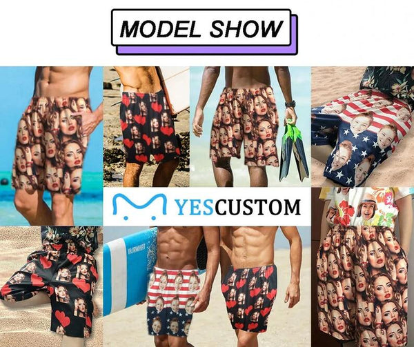 Custom Face I Love You Personalized Photo Men's Beach Shorts Drawstring Shorts