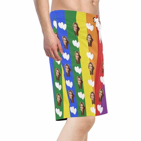 Custom Face Rainbow Heart Personalized Photo Men's Beach Shorts Drawstring Shorts