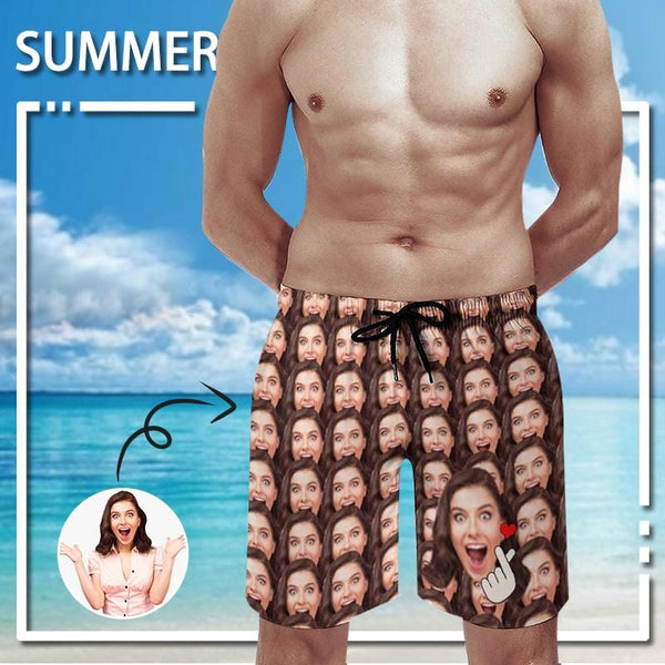 Couple Matching Beach Shorts&One Piece Swimsuit Custom Face Show My Love Personalized Photo Men's Quick-drying Beach Shorts