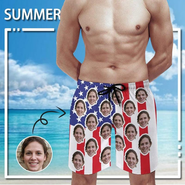 Couple Matching Beach Shorts&Plus Size Swimsuit Custom Face US Flag Personalized Photo Men's Quick-drying Beach Shorts