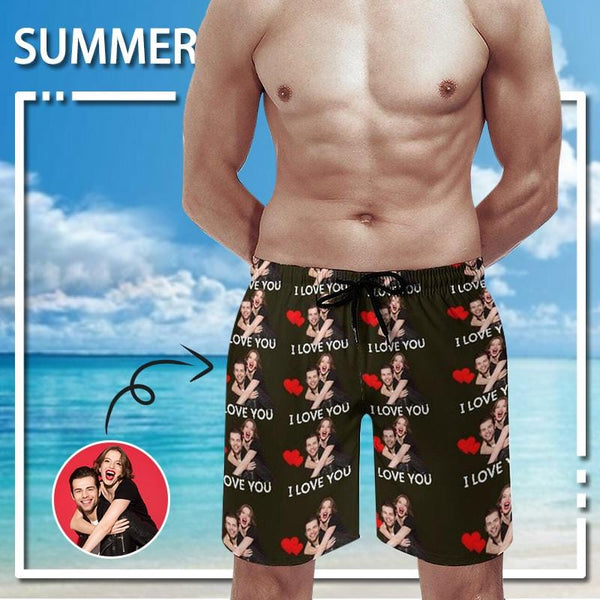 Couple Matching Beach Shorts& Ruffle One Piece Swimsuit Custom Face Baby I Love You Personalized Photo Men's Quick-drying Beach Shorts