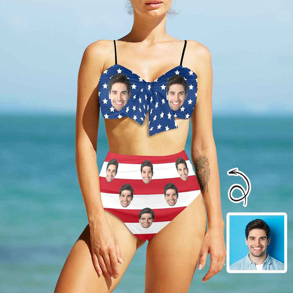 Custom Face American Flag High Waist Bikini Personalized Chest Bow Two-piece Bikini Swimsuit Set