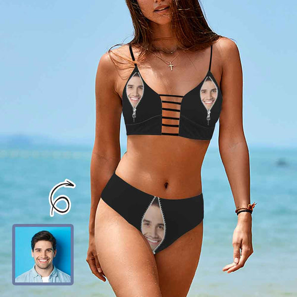 Custom Face Zip Black Tie Cutout Bikini Set Personalized Low Waisted Bikini Swimsuit Beach Outfits